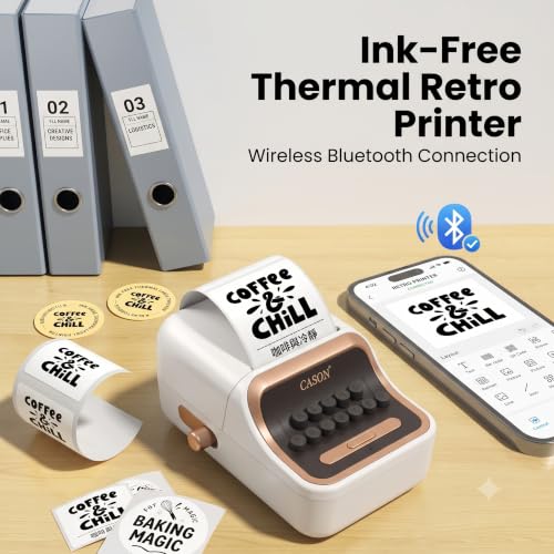 Image of CASON Mini Label Printer Machine | Vintage Thermal Label Maker for Home, Office, Storage, Packaging & Small Business, Bottle Label Machine,30-52mm Label Adjustable Paper