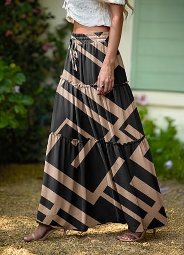 Image of Lepunuo Womens Casual Boho High Waisted Flowy Maxi Skirts Tiered Floral Long Skirts with Pockets for Summer Beach Vacation