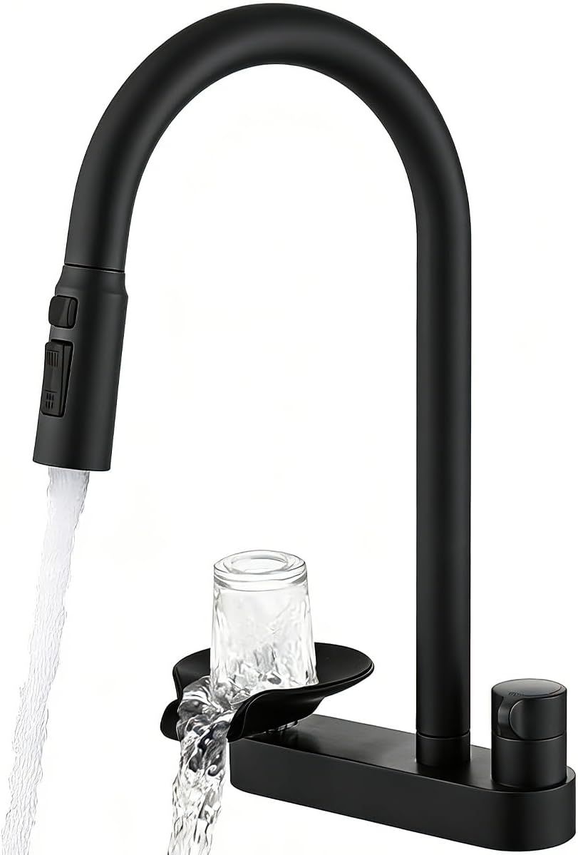 2-in-1 Kitchen Faucet with Pull Down Sprayer, 3 Spray Modes & Built-in Glass Rinser, Lead-Free Brass Single Handle, Matte Black, Fits 1 or 3 Hole Sink, Suitable for Farmhouse Rv Bar