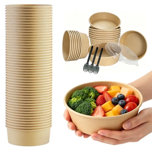 Sowinvent 17 oz Disposable Kraft Paper Bowls with Lids and Sporks 48 Sets Leak-Proof Meal Prep Containers for Hot & Cold Food Soup Salad Snacks Ice Cream Desserts Food Bowls