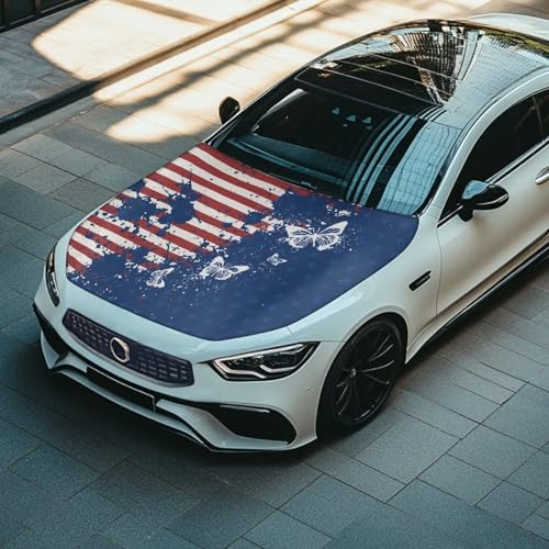 Image of American Flag Butterfly Prints Car Hood Cover Elastic Polyester Car Hood Protector Removable Automotive Accessories Suitable Most Automotive Sedans Trucks Pickup SUVs