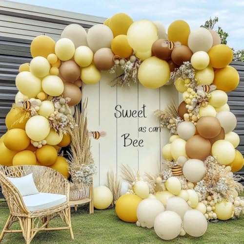 Image of Balloon Garland Arch Kit Pastel Yellow Blush White Sand Brown Balloons Double Stuffed Mustard Yellow Bee Balloons for Neutral Baby Shower Wedding Birthday Gender Reveal Fall Party Decorations