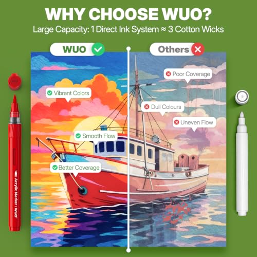 Image of WUO 48 Colors Acrylic Paint Markers Brush Tip with Automatic Ink Control | Water-based, no-bleed, waterproof acrylic paint pens for rock, wood, canvas, glass, ceramic, fabric and DIY crafts