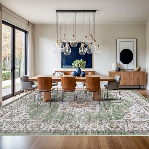 RUUGME Living Room 10x14 Area Rugs - Washable Lightweight Area Rug Stain Resistant Carpet Vintage Soft Rugs for Bedroom with Non Slip Backing Indoor Ultra-Thin Rugs Home Decor 10x14 Sage/Green