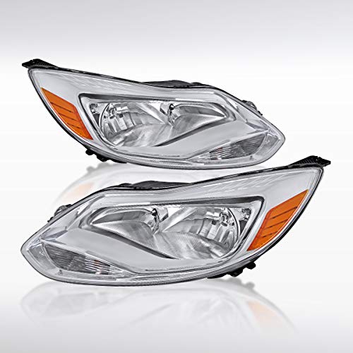Autozensation Compatible with 2012-2015 Ford Focus Chrome Housing Clear Lens Headlights L + R Pair Headlamp