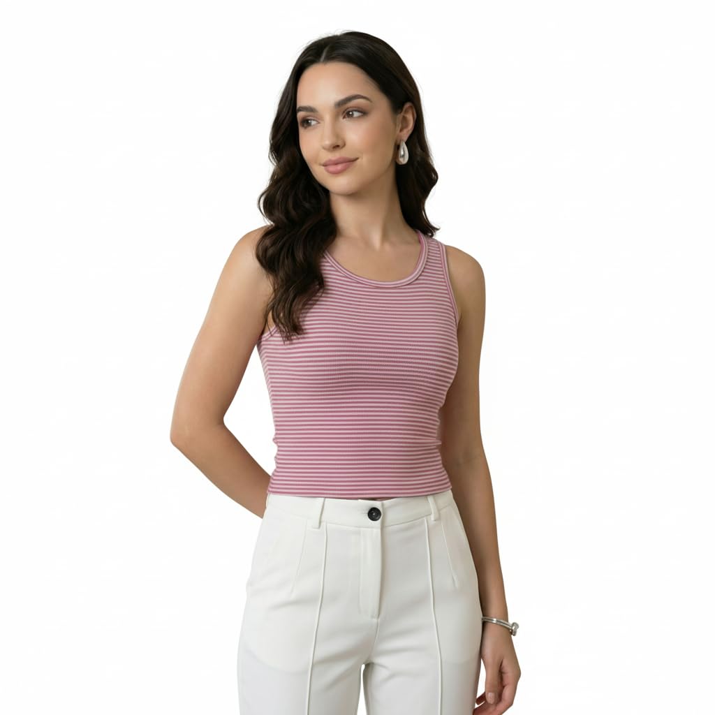 Women’s Cotton Sleeveless Tank Top | Slim Fit Striped Casual Vest | Round Neck Summer Top for Women | Dark Blue & White Stripe-picture-43