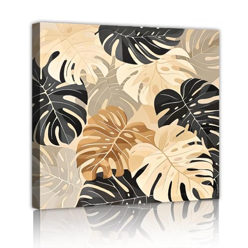 TOANGWALL Impresión de estilo acuarela en lienzo Arte de pared Plantas tropicales Hojas de palma coloridas abstractas Patrón de pintura de póster para decor de sala de estar 60x60cm Marco interior