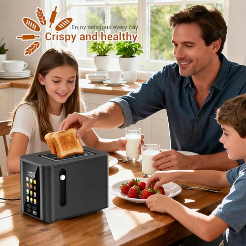 Image of Touch Screen Toaster 2 Slice Black Toaster with Digital Countdown Wide Slot LCD Display 2 Slice Toasters Smart Toasters 6 Shade Settings 6 Bread Type with Reheat /Add Time /Defrost /Cancel Function