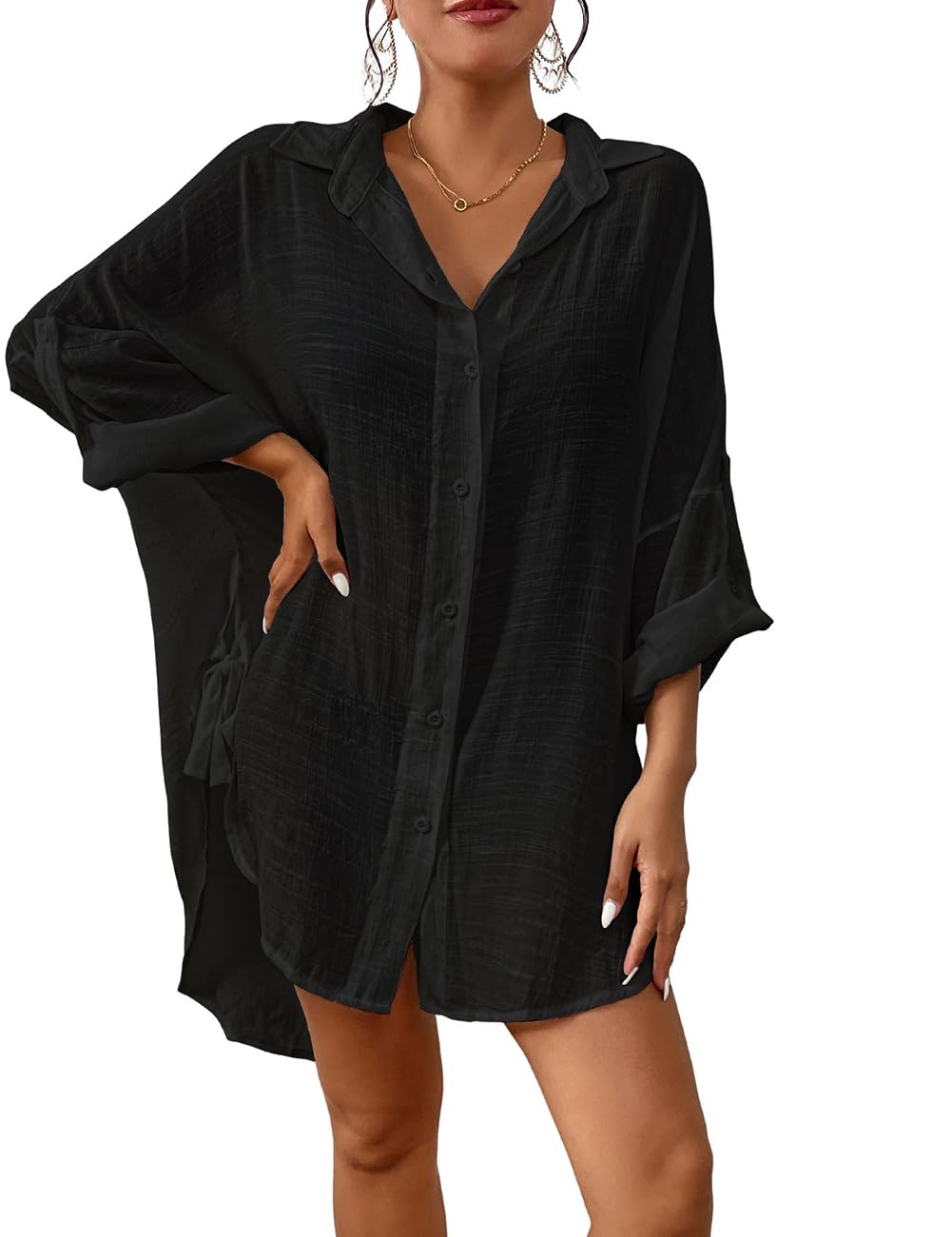 Bsubseach Mujer Vestido Corto de Playa Blusa de Manga Larga con Botones Cubrir Traje de baño Cover Ups Camisola y Pareos
