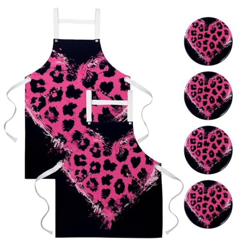 Lot de 2 tabliers de cuisine imperméables léopard rose réglables