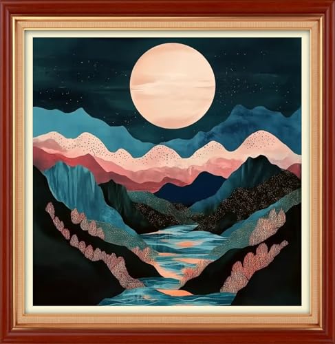 Image of Foxhool Stamped Cross Stitch Kits,11CT Printed Cross Stitch Pattern Full Embroidery Kits for Beginner Needlepoint Kits& Mountains, Rivers, Moon 18x18 inch