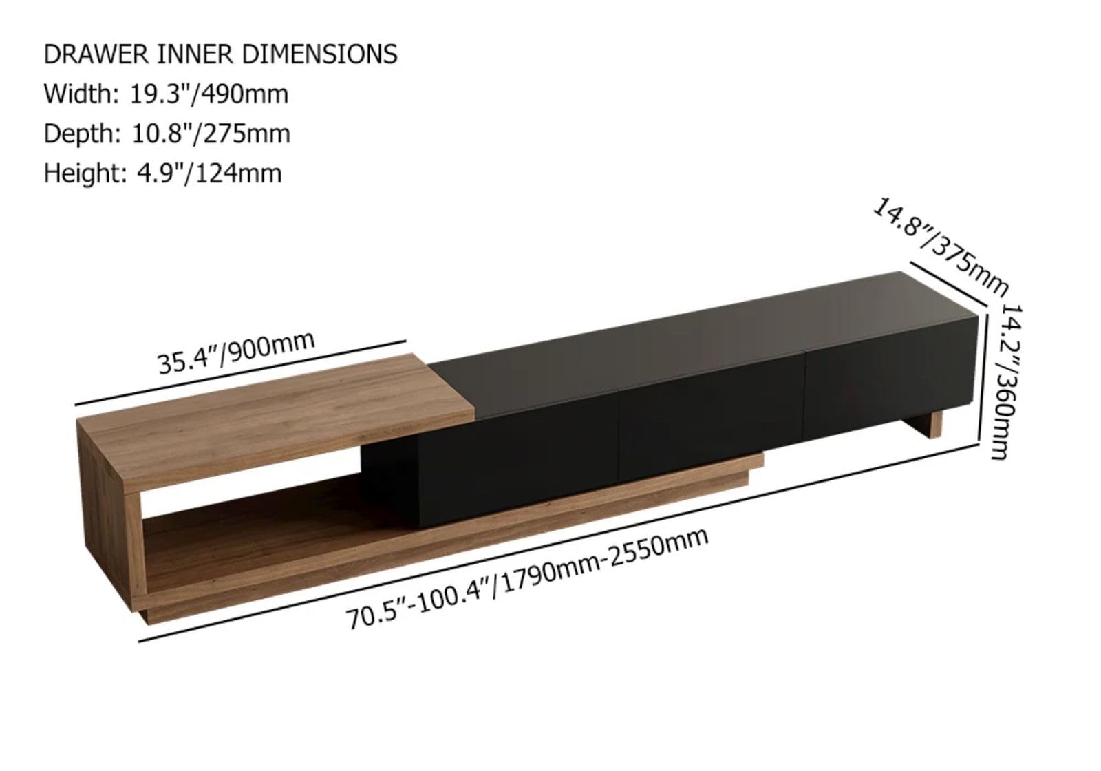 Homary Meuble TV Extensible 180-255 cm, Console Multimédia avec 3 Tiroirs