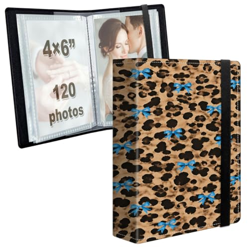 Image of Photo Album 4x6 120 Photos with Strong Elastic Band, Blue Bow Leopard | Large Capacity Premium Leather Picture Album, Portable Wallet Albums Photo Book for Family Anniversaries Wedding Baby