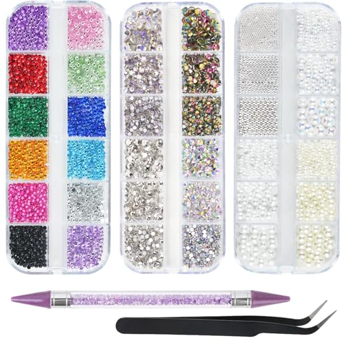 EARLMONI 5200PCS Nail Gems and Charms, AB Crystal Nail Rhinestones with Flatback Nail Pearls, Pick Up Tweezers, Rhinestone Picker Tool, Flat Back Nail Gems for Nail Art, Clothes, Face, Craft