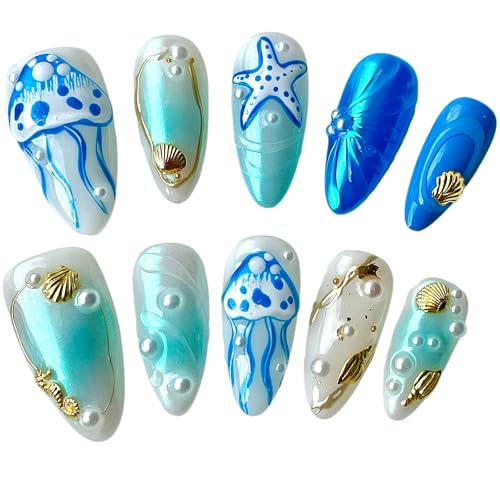 Ocean Theme Press On Nails, Medium Almond Shape, 3D Jellyfish Design with Pearls and Seashells, Summer Vacation False Nails (Blue Ocean, M)
