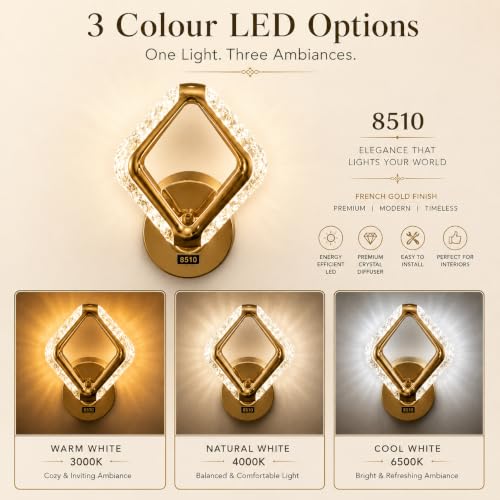 Image of Rosegold LED Wall Light for Home Decor | 3 Color Changing Crystal Wall Lamp (Warm White, Neutral White, Cool White) | Modern Gold Finish Decorative Wall Sconce for Living Room,