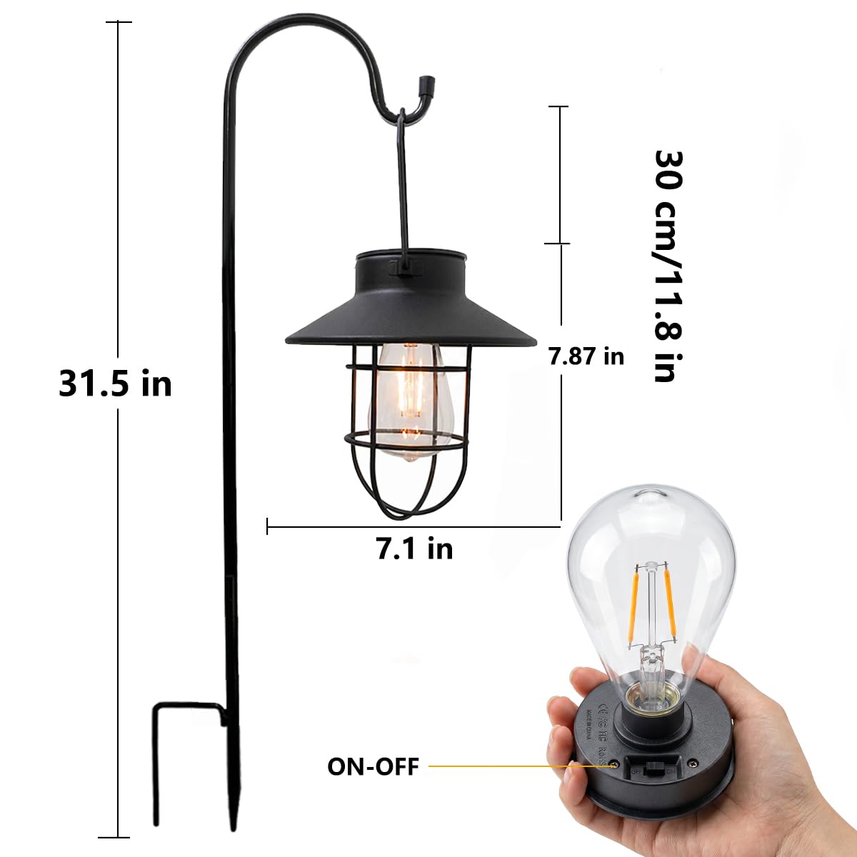 Lanterna nera olare, da appendere, da giardino, con lampadina Edison, confezione da 2 pezzi, include gancio da pastore, regalo ideale per donne, mamma, nonna, esterni, per cortile, patio, cortile