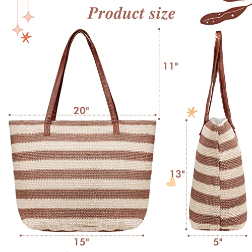 Quuren Large Straw Bag Summer Beach Tote Bag Soft Tote Bag With Zipper Beach Handbag With Stripe Bohemian Woven Shoulder Bag For Women For Travel Gym Shopping Holiday Picnic #TOP1
