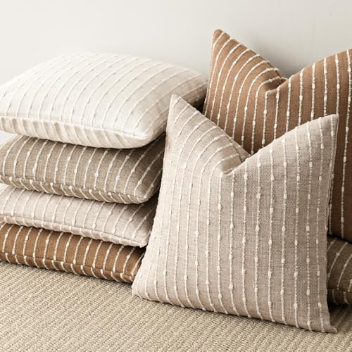 Image of Foindtower Pack of 2 Decorative Jacquard Boucle Throw Pillow Covers Accent Textured Striped Pillowcases Soft Boho Modern Cushion for Couch Sofa Bedroom Living Room Home Decor 22x22 Inch Cream White