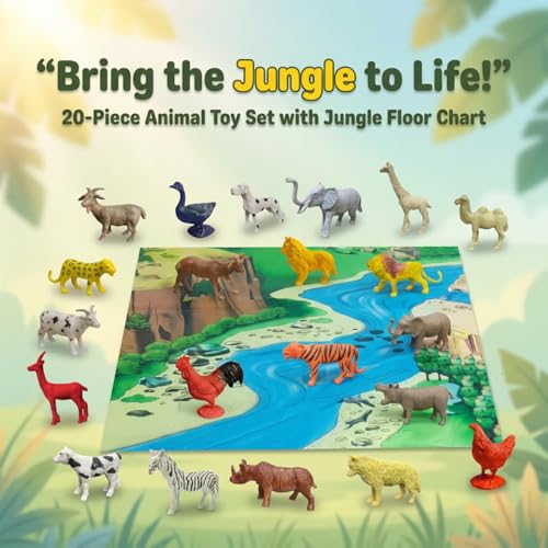 Image of ZESTHOME Animal Toy Set for Kids with Jungle Floor Chart | Farm & Wild Animal Figurines | Educational & Fun Safari Play Toys for Boys & Girls | 20 pcs