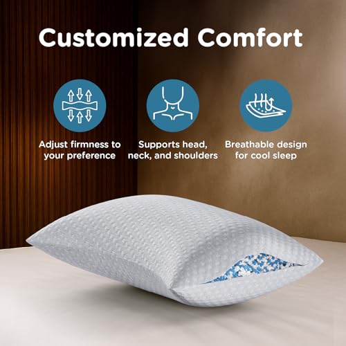 Image of ComfyHug Sleeping Pillow, Shredded Memory Foam Adjustable Soft Pillow for Sleeping - 22 x 16 Inch, for Back & Side Sleepers - Relieves Neck & Shoulder Pain, Premium Washable Cover (Grey, Pack of 1)