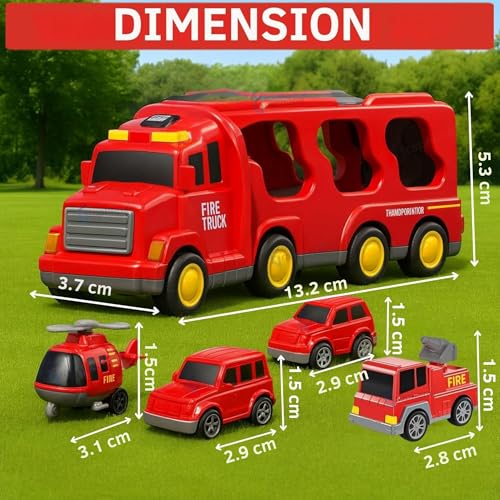 Image of GRAPHENE 5 in 1 Fire Truck Toy Set for Boy 3-10 Years Friction Powered Transport Vehicle Montessori Carrier Educational Light Music Pullback Monster Truck Mini Helicopter Taxi Playset Gift