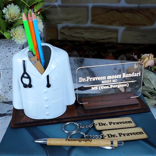 Image of Doctor Coat Pen Stand with LED Name Plate, Wooden Base, Bamboo Pen & Personalized Wooden Keyring | Customized Desk Organizer for Doctors & Medical Aspirants | Apron Shape Pencil Holder