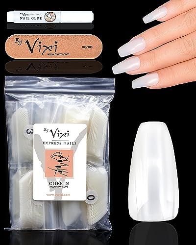 By Vixi 600 Pieces MEDIUM COFFIN/BALLERINA NAIL SET with FREE GLUE & PREP FILE, 12 Sizes - Opaque Express Full Cover False Fingernail Extensions for Salon Professionals & Home Use