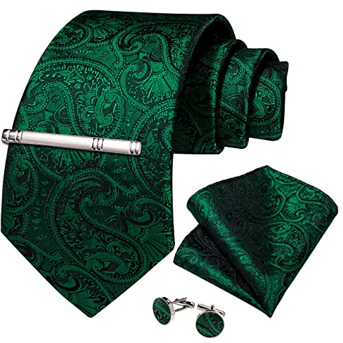 Image of DiBanGu Paisley Ties for Men Silk Necktie and Pocket Square Cufflinks Tie Clip Set Woven Classic Mens Tie for Wedding Party