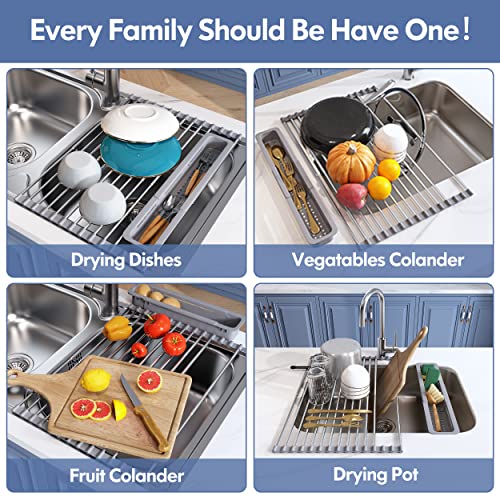 Image of JASIWAY Roll Up Dish Drying Rack for Kitchen Sink with Utensil Holder