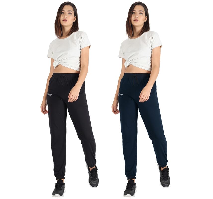 Image of Fflirtygo Cotton Solid Joggers /Track Pant /Solid Pajama /Leggings �100% Export Quality Soft Cotton Night Wear /Pocket Pyjama for Women Combo Pack of 2Pcs, Blue and Grey