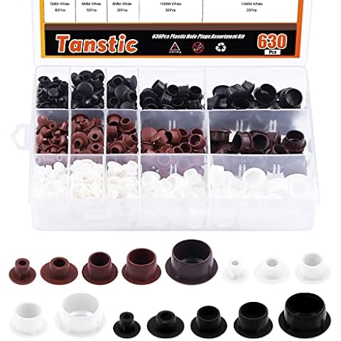Tanstic 630Pcs 5mm 6mm 8mm 10mm 14mm Plastic Hole Plugs Cabinet Hole Plugs Round Button Plugs Plastic Flush Type Hole Plugs Screw Cap Drilling Cover Plugs for Cupboard Cabinet Shelves(3 Colors) Cover