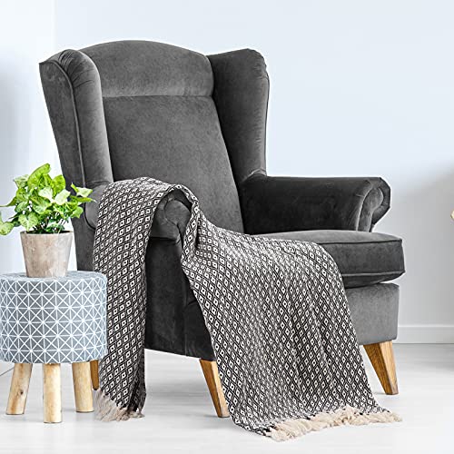 Americanflat 100% Cotton Throw Blanket For Couch - 50X60 Black And Cream Throw Blanket For Bed, Sofa, Or Chair With Mini Diamond Pattern - All Seasons Neutral Lightweight Blanket Indoor Or Outdoor Use #TOP1