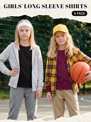 Image of Cooraby 5 Pack Girls Long Sleeve Tees Girls' Soft T-Shirts Kids Basic Crewneck T-Shirts Top for Teen Youth Girls, 2T-16Y