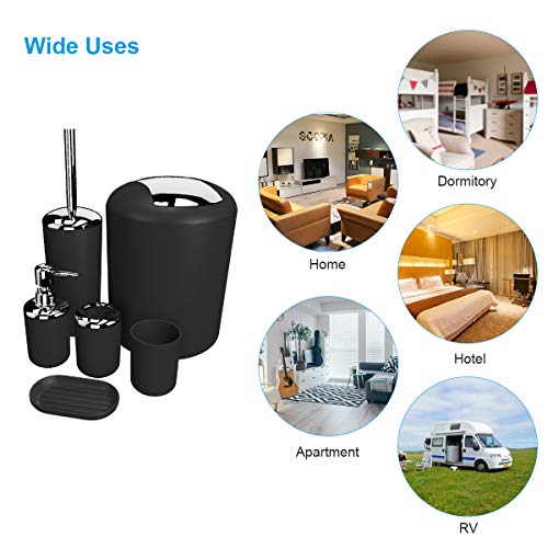 TEKITSFUN Bathroom Accessories Set 6 Pieces Plastic Bathroom Accessories Toothbrush Holder, Rinse Cup, Soap Dish, Hand Sanitizer Bottle, Waste Bin, Toilet Brush with Holder (Black)