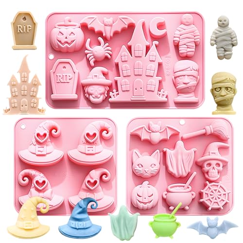 Halloween Witch Hat Silicone Molds, 3 Pack Nonstick Chocolate Candy Molds with Spooky Shapes Haunted House Mummy Bat Ghost Pumpkin Designs, for Baking Ice Cube Soap