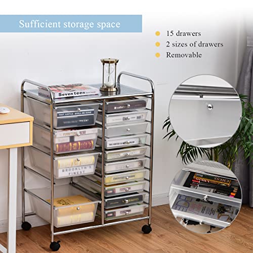 Image of LDAILY 15 Drawer Rolling Storage Cart, Rolling Cart with Drawers for Classroom, Art Supply Craft Organizer on Wheel with Metal Frame & Handles for Home Office School