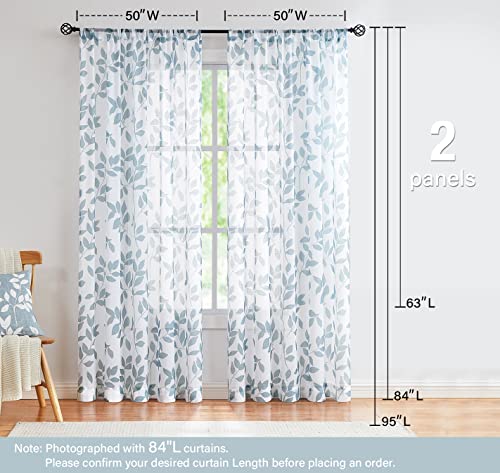 Image of Blue White Sheer Curtains 84 inch Long Living Room Leaf Printed Linen Textured Semi Sheer Drapes for Guest Bedroom Botanical Country Rustic Light Filtering Window Treatment Sets for Dining Kitchen 2 pcs