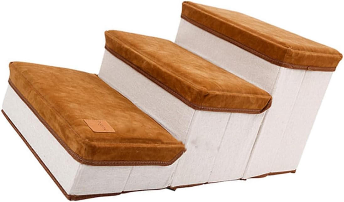 HEMOTON Foldable Three-Step Pet Stair Ramp for Dogs and Cats Non-Slip Indoor Puppy Ladder with Brown Frame Space-Saving Pet Climbing Plaything for Small to Medium