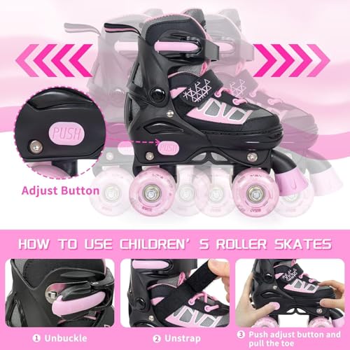 Image of Nattork Children's Roller Skates for Girls, Pink Adjustable Roller Skates for Larger Children Aged 7, 8, 9 and 10 Years for Beginners in Outdoor Sports, Best Birthday Gift for Children