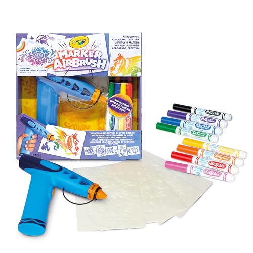 CRAYOLA Marker Airbrush - Kreative Airbrush für Kinder mit 8 abwaschbaren Filzstiften und 5 Schablonen - Lernspielzeug für kreativen Spaß, ab 6 Jahren, 74-7696