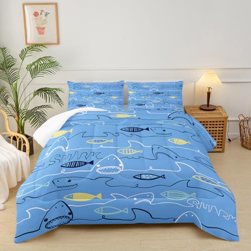 Image of Cartoon King Kids Shark Comforter Set,Blue Shark Boys King Quilt Bedding Set,King Quilt Fish Theme,Ocean Themed Bedroom Decor Kids