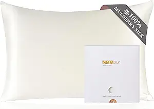 ZIMASILK 100% Pure Mulberry Silk Pillowcase for Hair and Skin Health,Soft and Smooth,Both Sides Premium Grade 6A Silk,600 Thread Count,with Hidden Zipper,1pc (King 20''x36'',Ivory)