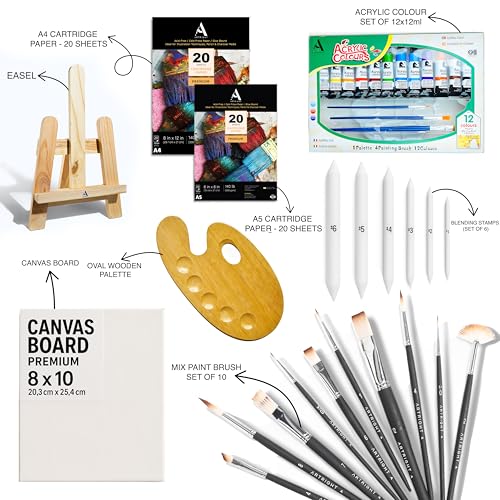 Image of Artright 2-in-1 Painting & Sketching Art Set - All-in-One Creative Kit with Canvas, Brushes, Artist Paints, Blending Stumps & Mixed Media Paper - Perfect for Beginners & Hobbyists