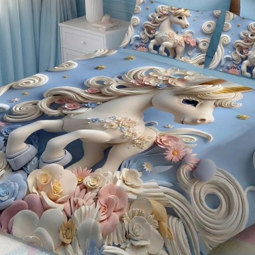 Image of 7D Fairy Tale Unicorn Horse Collection King Bedsheet 108x108 inch with 2 Pillow Covers | Good Stitching, Soft Fabric & Vibrant 7D Digital Print for Kids & Couples (Blue)