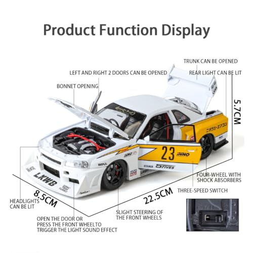 Image of PLUSPOINT Diecast Metal Skyline LB-ER34 Super Silhouette RHD Liberty Walk-Edition Sports Car 1:24 Scale Simulation Model Alloy Toy car with Openable Doors & Light, Music Toy Vehicle for Kids, Adults