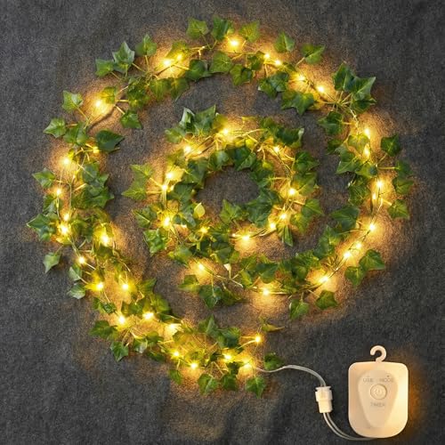 Lichterkette mit Blättern，LED Lichterkette Efeu Künstlich 3M Fake Efeu Girlande mit 30 LED-Licht Batterie mit 8 Modi & Timer, USB Aufladbar Efeu Lichterkette Innen für Innenberei,Hochzeit, Party Deko