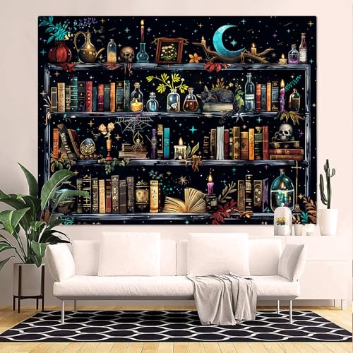 Accnicc MBST81L Magic Bookshelf Tapestry Magical Witchy Potion Dark Hippie Haloween Tapestries Wall Hanging Gothic Skull Black Cat Library Book Tapestry thumb #3