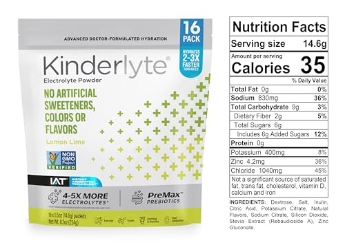 image for Kinderlyte Advanced Electrolyte Powder Drink Mix, Hydration Packets, P