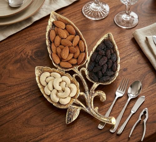 Image of Kridaykraft Metal Gold Polish Leaf-Shaped 3-Section Dry Fruit Tray, 17x17 cm, 250 gm, Decorative Serving Platter